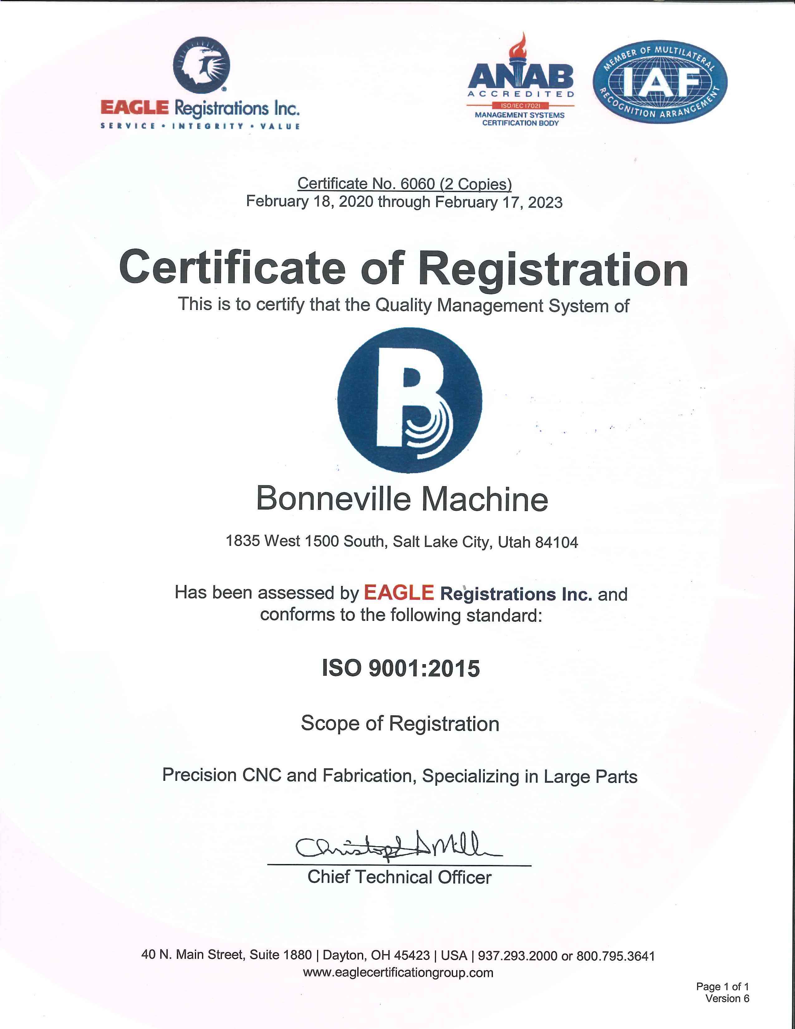 Bonneville Machine ISO 9001 Certificate